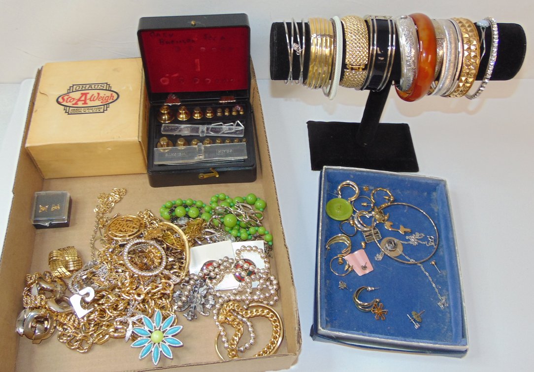 Variety of Costume Jewelry and "Sto-A-Weigh" Weight Set.