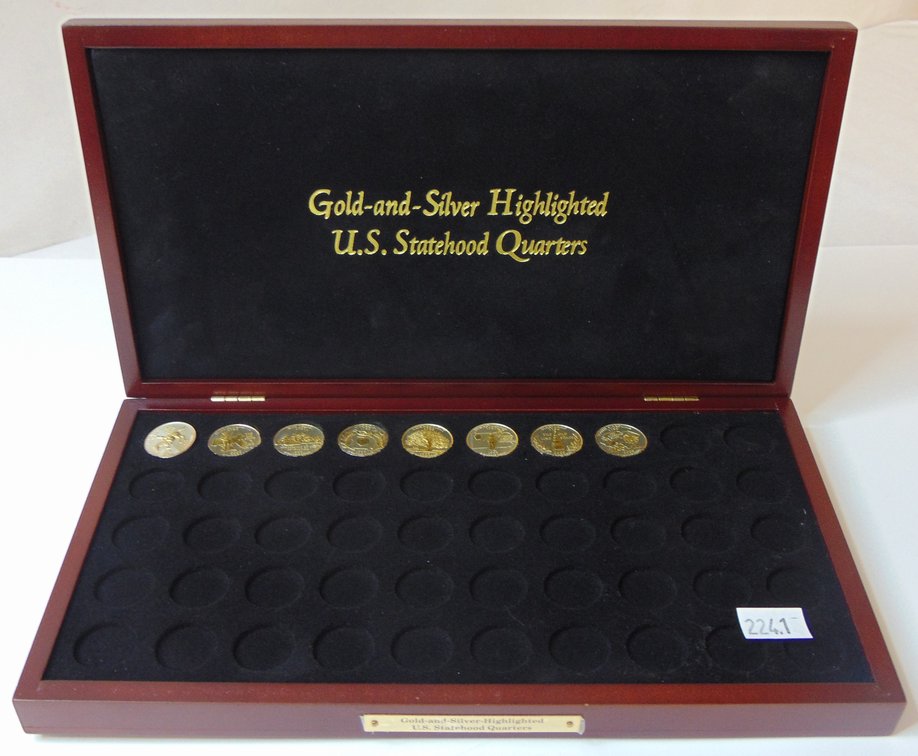 "Gold-and-Silver Highlighted U.S. Statehood Quarters" wooden showcase