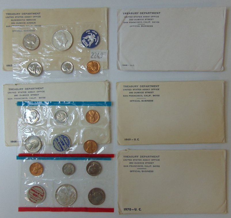 (5) Uncirculated U.S. Sets: 1965, (2) 1968, 1969, 1970.