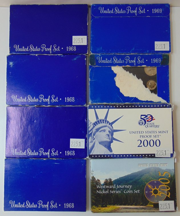 (7) U.S. Proof Sets plus 2005 Westward Journey Nickel Series Coin Set.