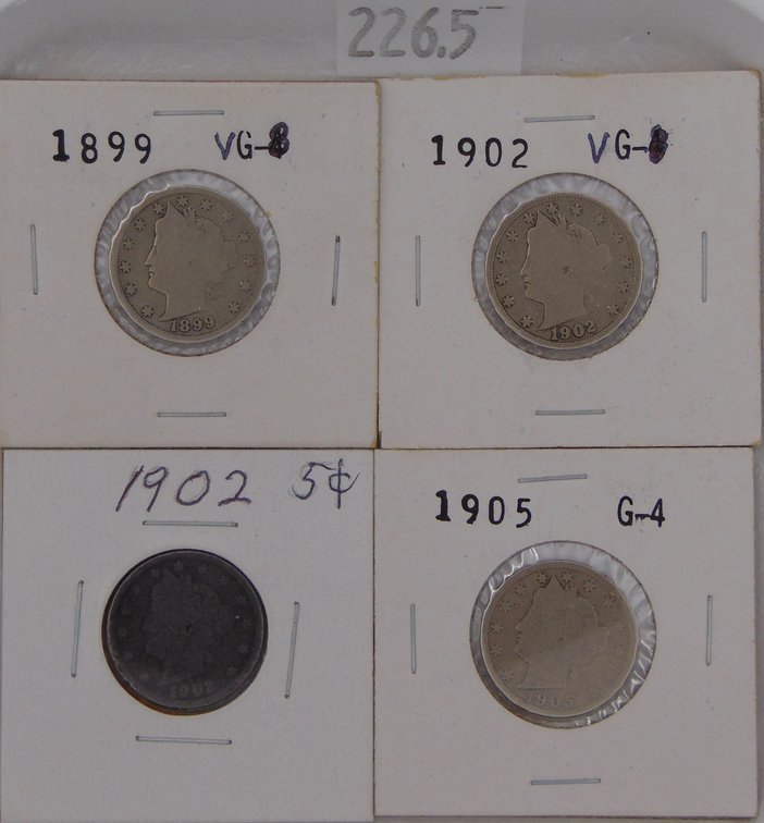 (4) Liberty Head "V" Nickels: 1899, (2) 1902, 1905.