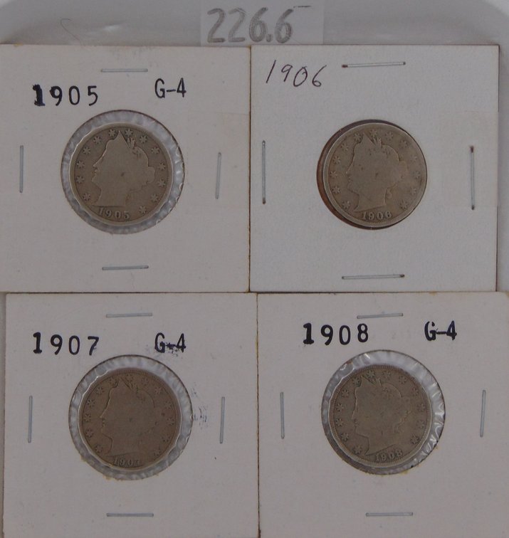 (4) Liberty Head "V" Nickels: 1905-1908.