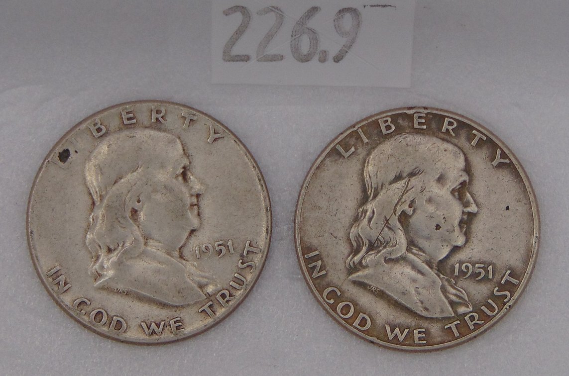 (2) 1951 Franklin Half Dollars. 90% Silver.