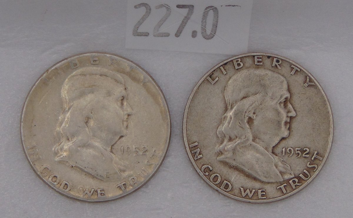 1952, 1952-S Franklin Half Dollars. 90% Silver.