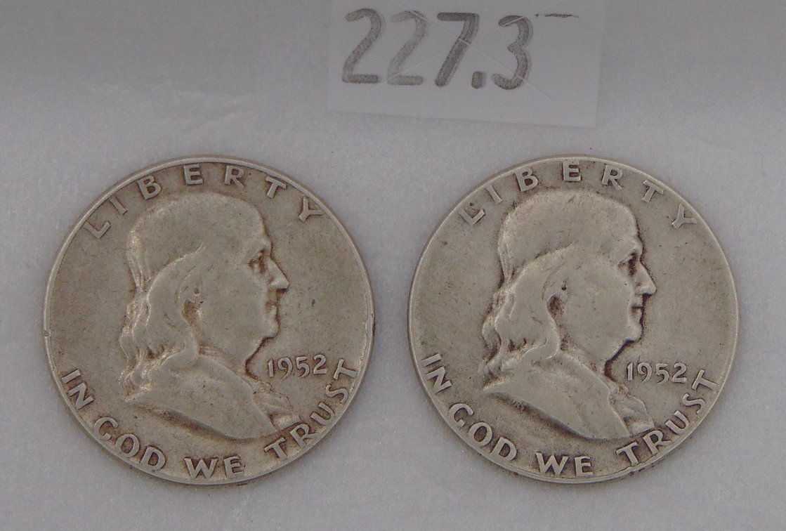 (2) 1952 Franklin Half Dollars. 90% Silver.