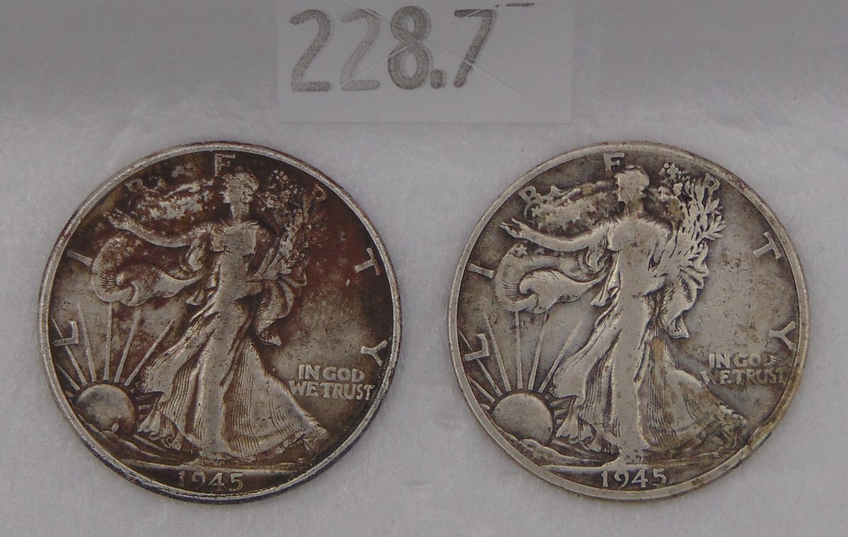 1945, 1945-D Walking Liberty Half Dollars. 90% Silver.