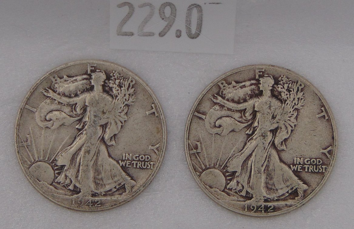 (2) 1942 Walking Liberty Half Dollars. 90% Silver.