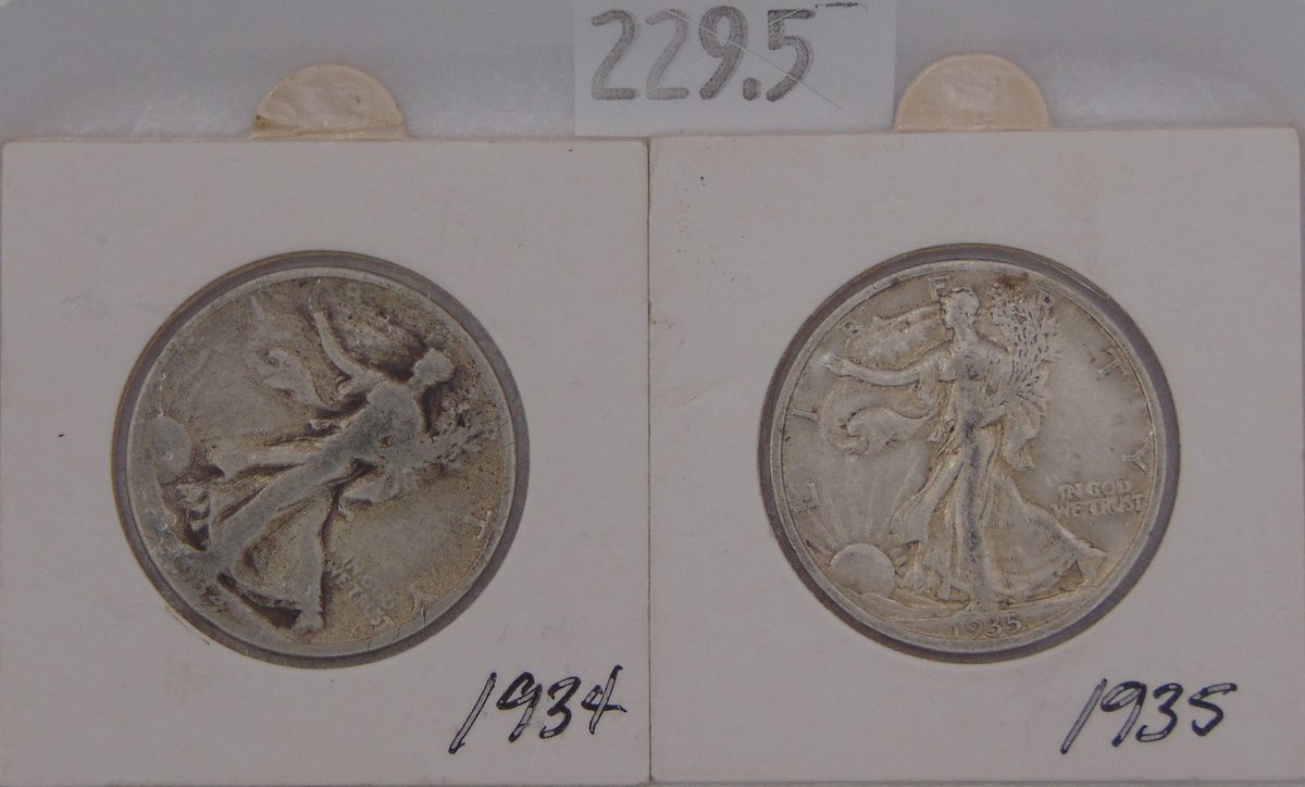 1934, 1935 Walking Liberty Half Dollars. 90% Silver.