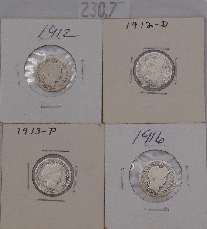 (4) 90% Silver Barber Dimes: 1912, 1912-D, 1913, 1916.