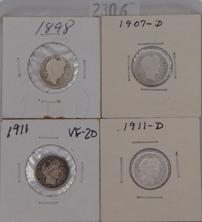 (4) 90% Silver Barber Dimes: 1898, 1907-D, 1911, 1911-D.