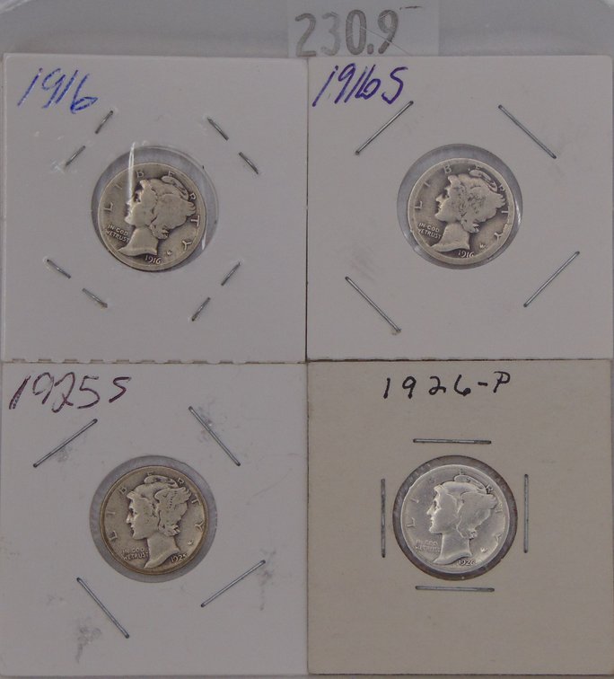 (4) Mercury Dimes: 1916, 1916-S, 1925, 1926.
