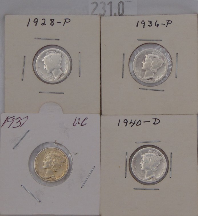 (4) Mercury Dimes: 1928, 1936, 1937 AU, 1940-D.