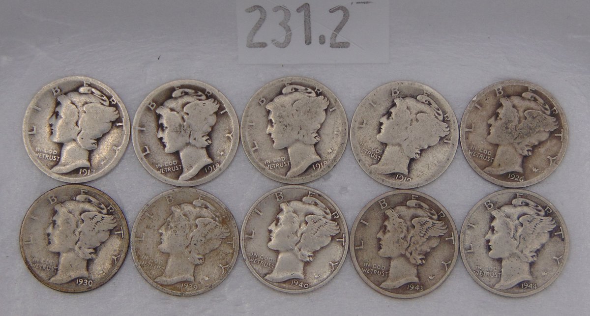 (10) Mercury Dimes: 1917, (2) 1918, 1919, 1926,