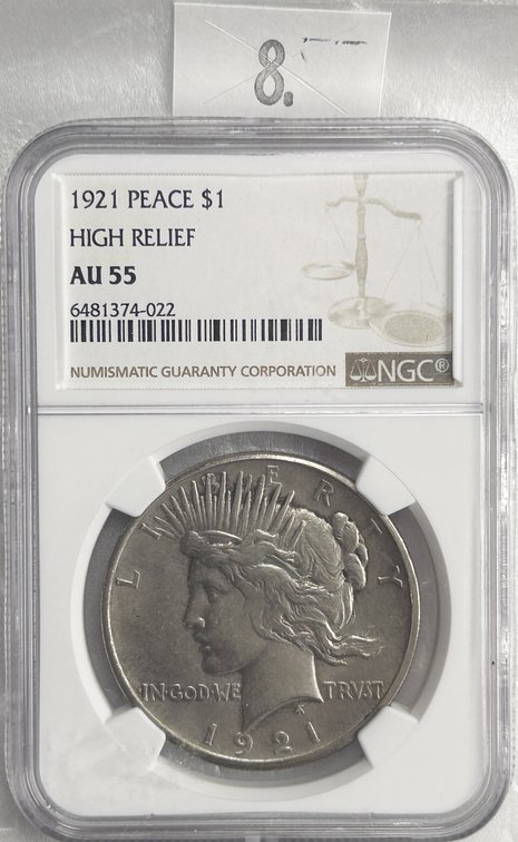 1921 Peace Dollar NGC AU55 High Relief.