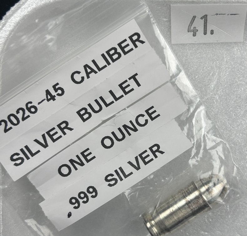 One Troy Oz. .999 Silver 45 Caliber Bullet.
