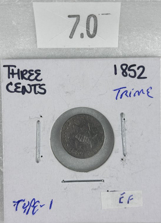 1852 Silver Three-Ceent Piece (Trime) EF.