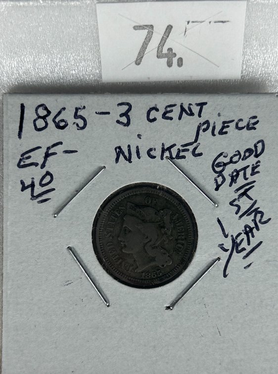 1865 Three-Cent Piece Nickel EF.