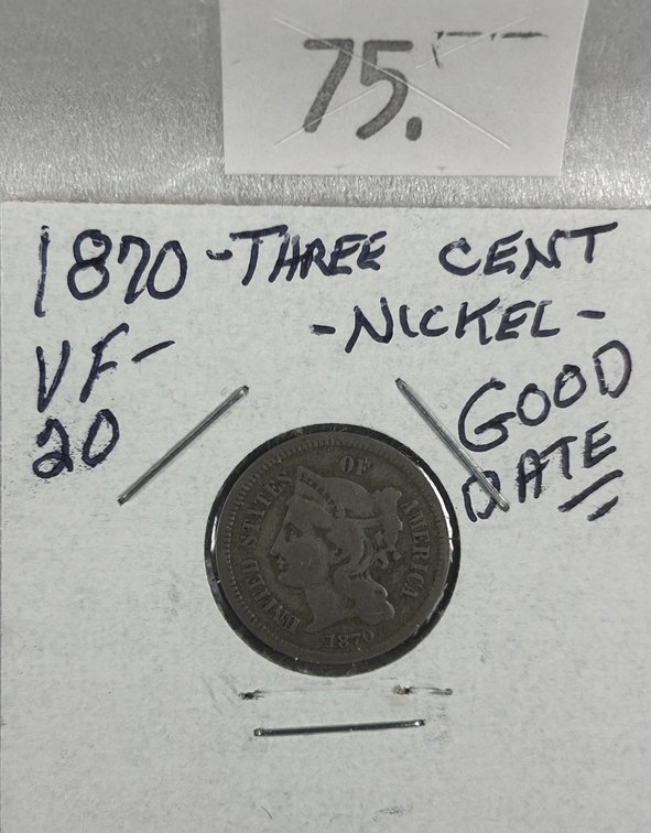 1870 Three-Cent Piece Nickel VF.