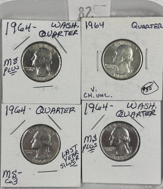 (4) 1964 Washington Quarters MS (last year of 90% Silver).