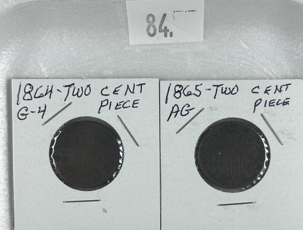 1864, 1965 Two-Cent Pieces G-4, AG. First two years of minting.