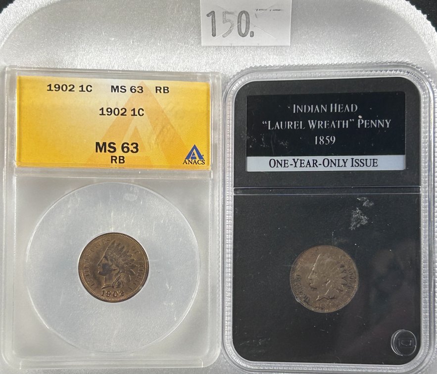 1859 Indian Head Cent G-4 (Laurel Wreath). 1902 Indian Head Cent ANACS MS63.