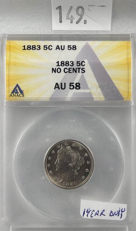 1883 Liberty Head "V" "No-Cents" Nickel ANACS AU58.