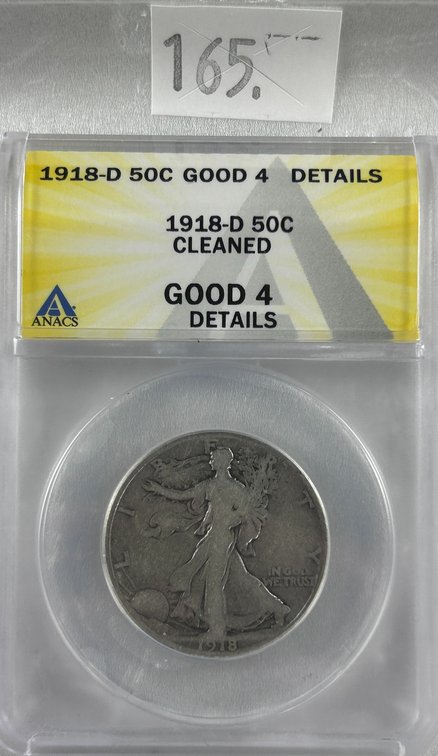 1918-D Walking Liberty Half Dollar ANACS G-4 Details Cleaned.