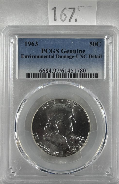 1963 Franklin Half Dollar PCGS Genuine Environmental Damage-UNC Detail.