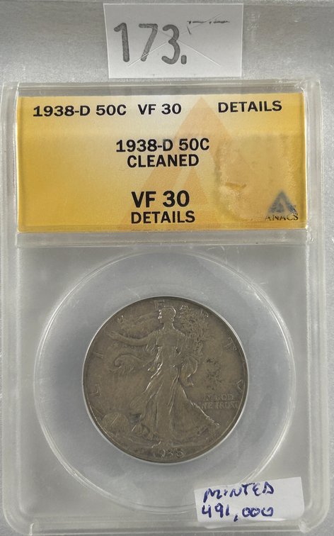 1938-D Walking Liberty Half Dollar ANACS VF30 Details.