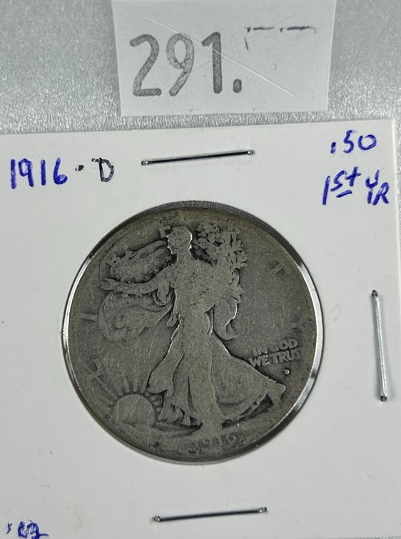 1916-D (obverse) Walking Liberty Half Dollar (first year).