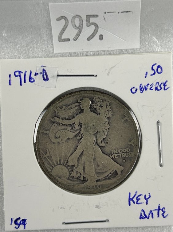1916-D (obverse) Walking Liberty Half Dollar (first year).