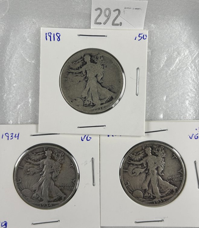 (3) Walking Liberty Half Dollars: 1918, 1934, 1935.