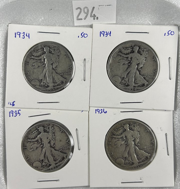 (4) Walking Liberty Half Dollars: (2) 1934, 1935, 1936.