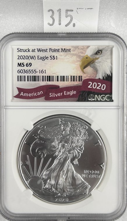 2020(W) Silver Eagle NGC MS69. One Troy Oz. .999 Silver.