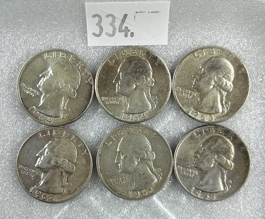 (6) 90% Silver Washington Quarters: 1955, 1962,