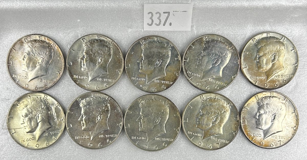 (10) 40% Silver Kennedy Half Dollars: 1965, (7) 1966, (2) 1967.