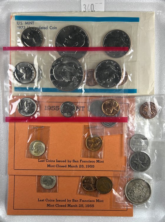 Variety: 1973 UNC Set P, D. (2) 1955-S Roosevelt Dimes and Cents.