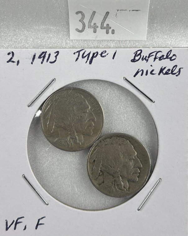 (2) 1913 Type 1 Buffalo Nickels VF, F (first year).