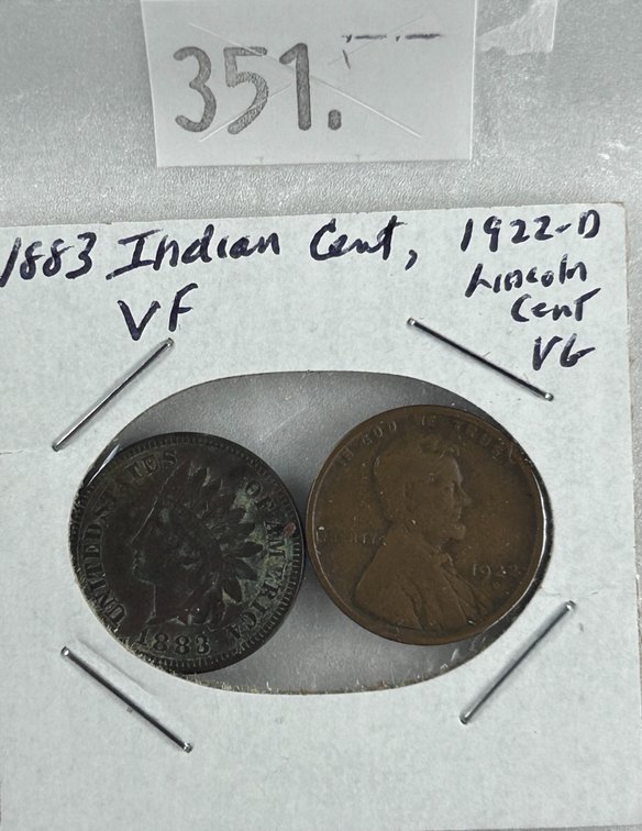 1883 Indian Cent VF. 1922-D Lincoln Cent VG.