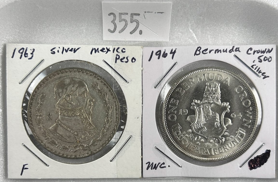 1963 Silver Mexico Peso. 1964 Silver Bermuda Crown.