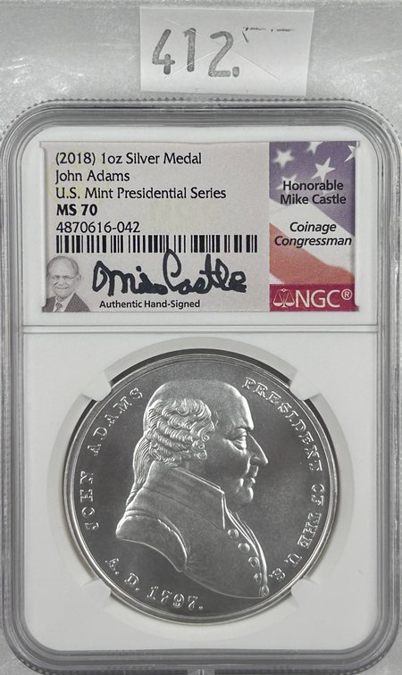 (2018) One Troy Oz. .999 John Adams Presidential Medal NGC MS70.
