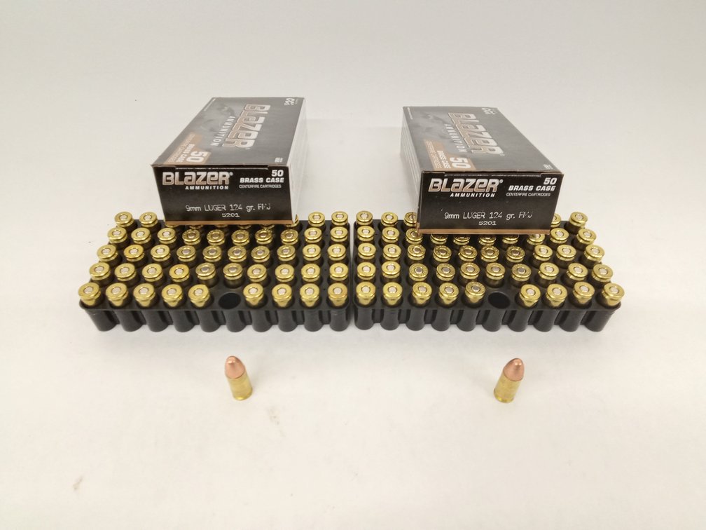 (100 Rds.) 9mm Ammo, 124gr FMJ, Blazer Brass