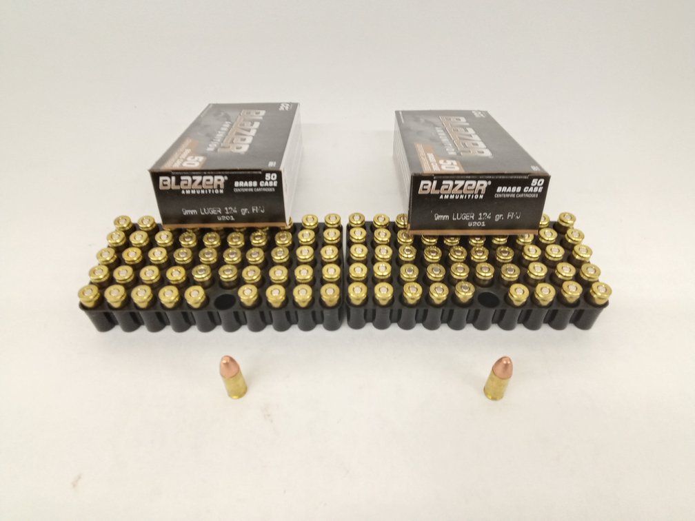 (100 Rds.) 9mm Ammo, 124gr FMJ, Blazer Brass