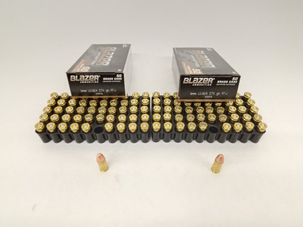 (100 Rds.) 9mm Ammo, 124gr FMJ, Blazer Brass