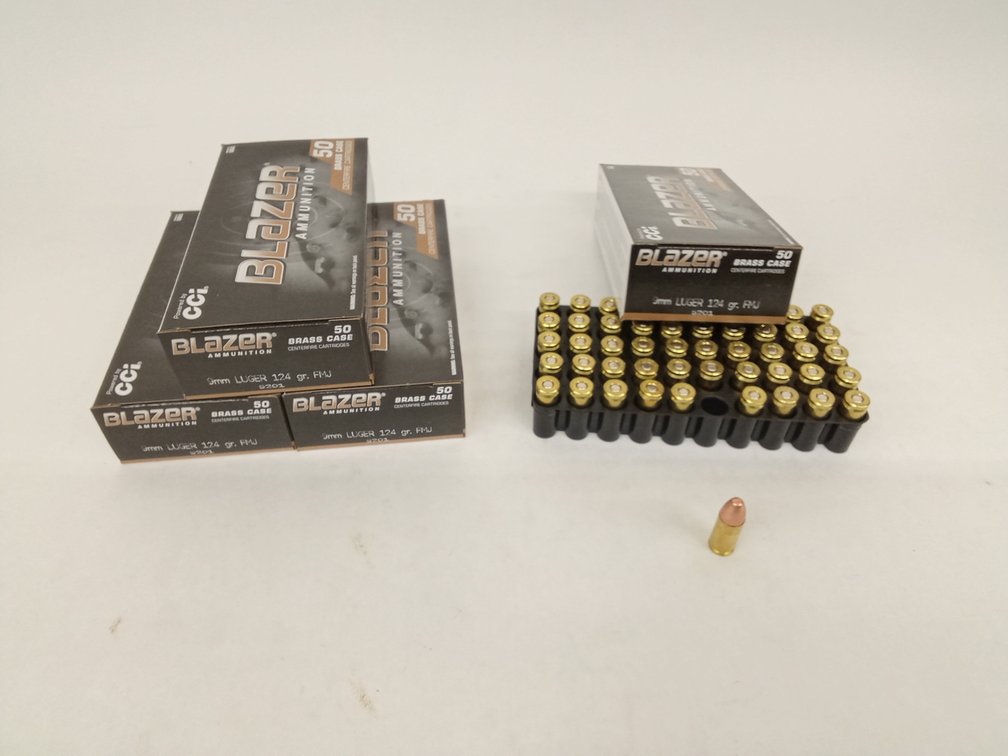 (200 Rds.) 9mm Ammo, 124gr FMJ, Blazer Brass