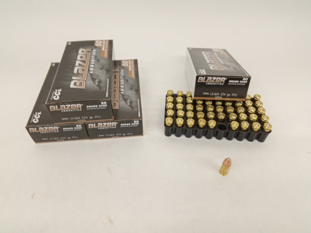 (200 Rds.) 9mm Ammo, 124gr FMJ, Blazer Brass