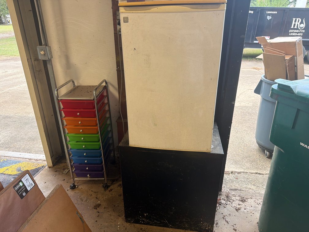 Compact Refrigerator, Two-Drawer File Cabinet, and 10-Drawer Rolling Cart