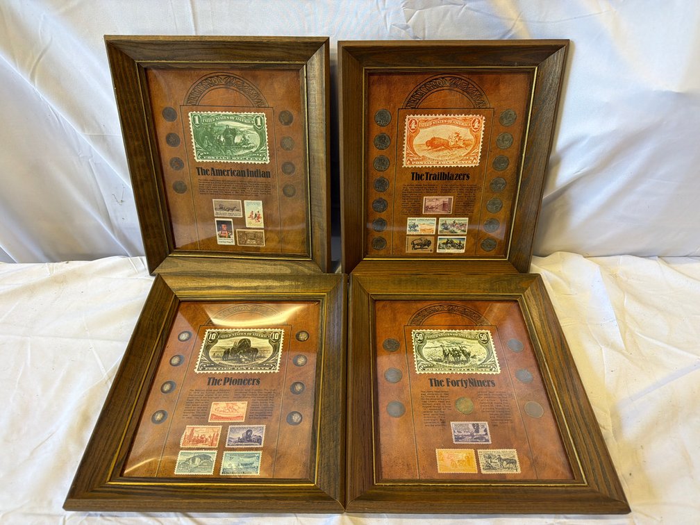 Framed Historic US Coin & Stamp Displays with Western Book