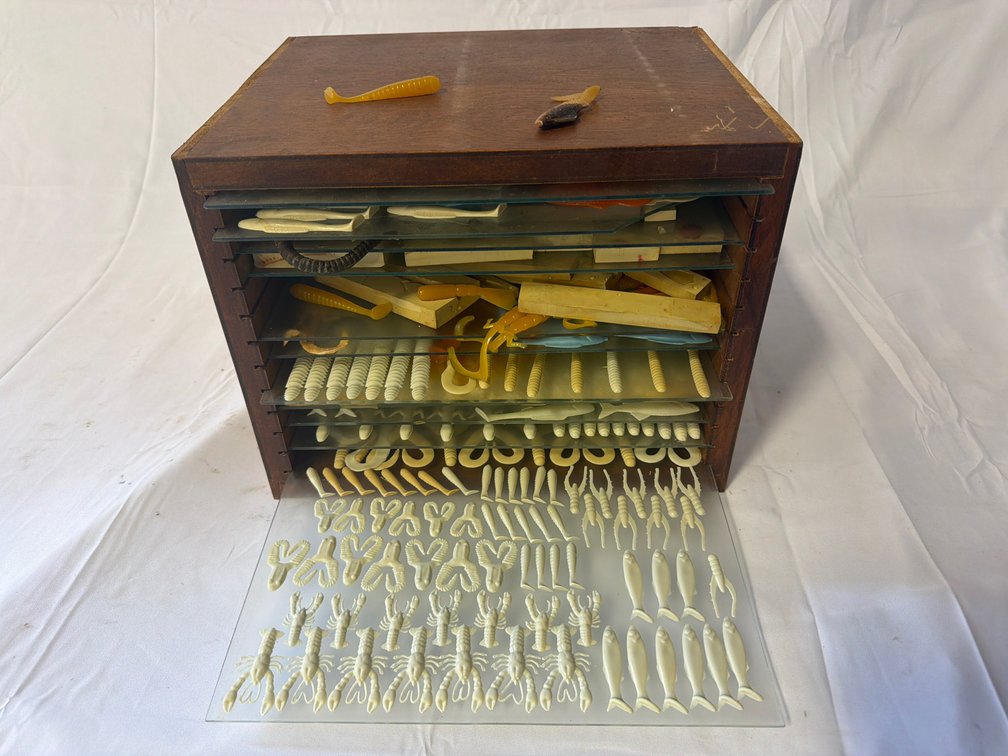 Wooden Cabinet with Custom Soft Plastic Lure Templates & Samples