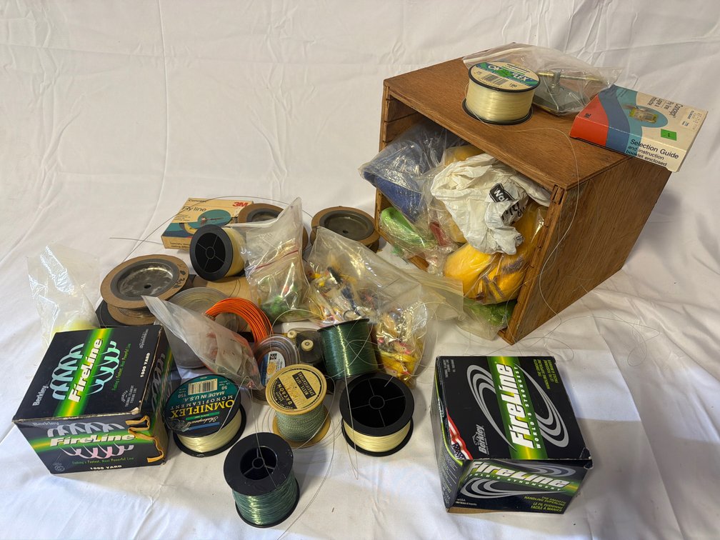 Wooden Crate of Fly Tying Supplies, Bucktails, Fishing Line & Accessories